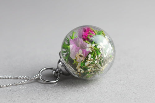 925 sterling zilveren ketting met mos en gedroogde bloemen in glazen bol - Opgezette Werelden