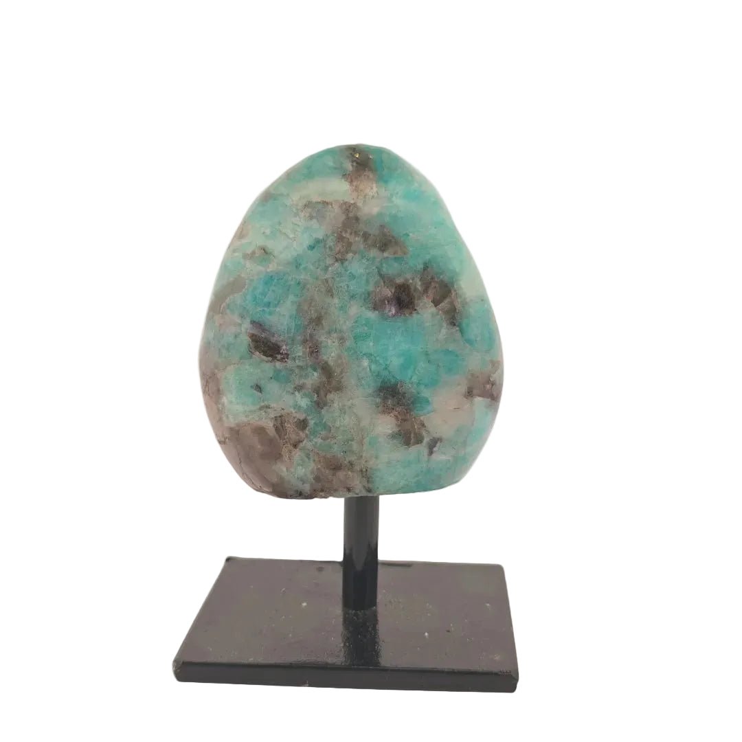 Amazoniet half gepolijst / half ruw op standaard (7 × 6 × 11 cm) - Opgezette Werelden