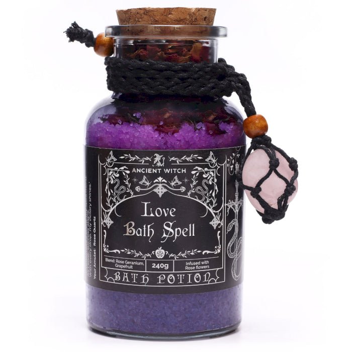 Ancient Witch Love Bath Spell Potion – Badzouten met rozenkwarts ketting - Opgezette Werelden