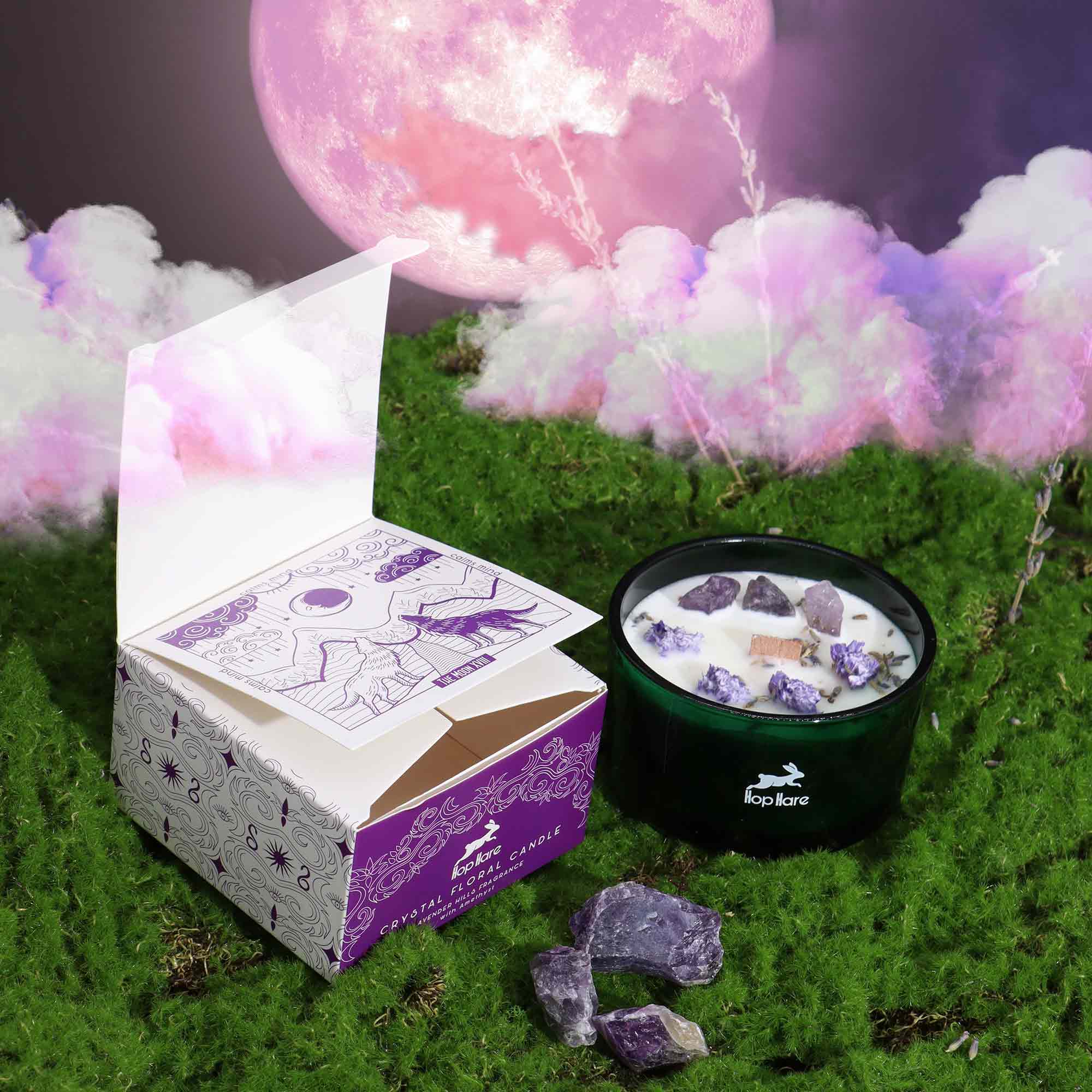 The Moon geurkaars met gedroogde lavendel en amethist - Opgezette Werelden