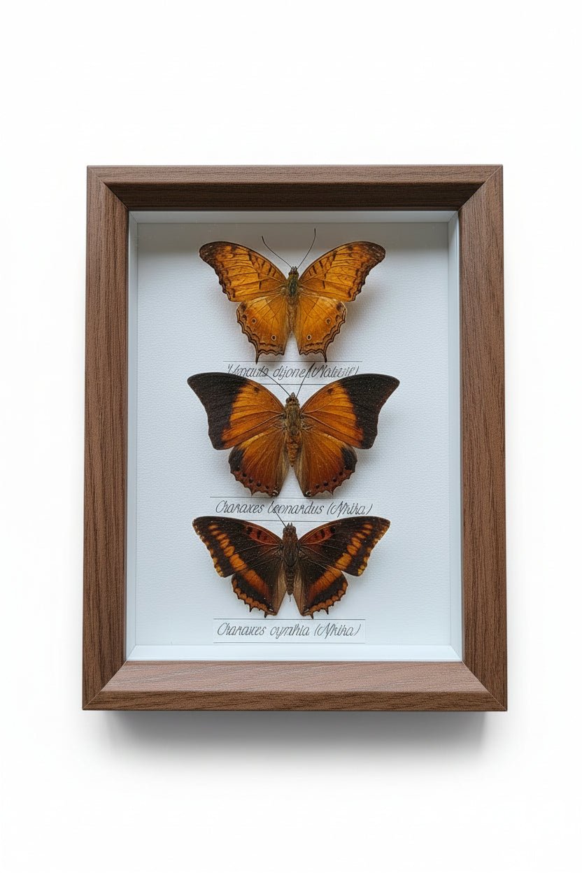 Vindula dejone, Charaxes bernardus en Charaxes cynthia vlinders in kader - Opgezette Werelden